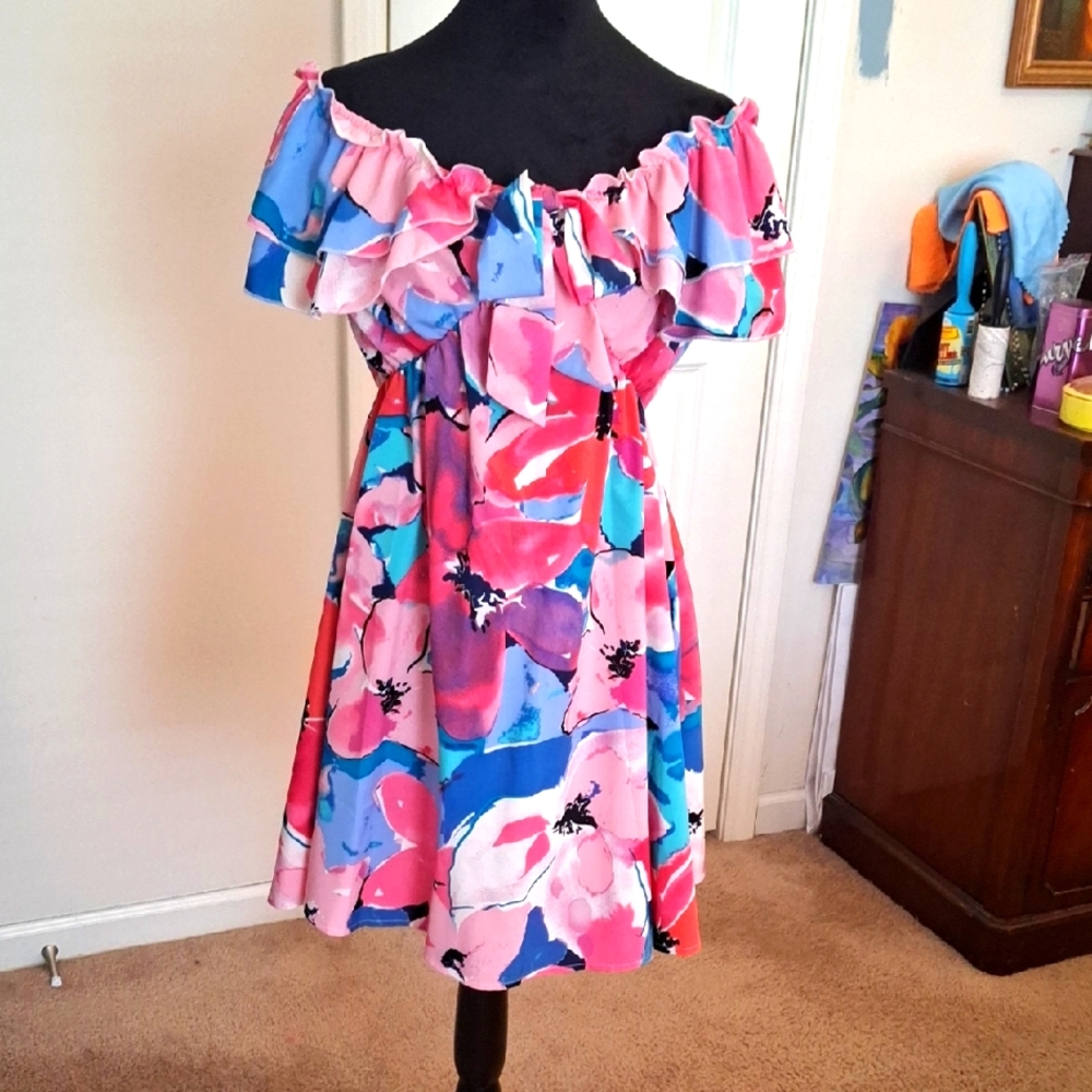 SHEIN Pink and Blue Off-Shoulder Ruffled Sundress